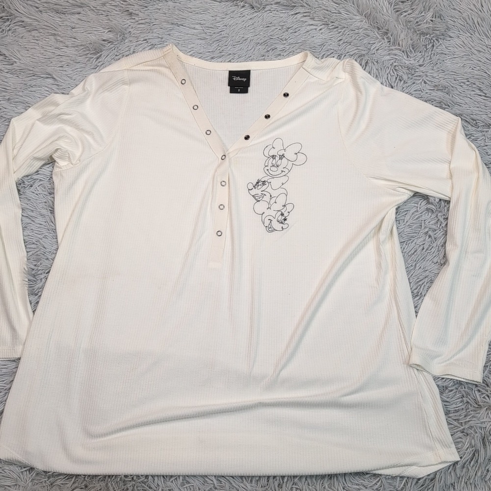 Disney Shirt Womens 2 White Minnie Mouse Henley Top Snap Up Soft Casual Comfort
